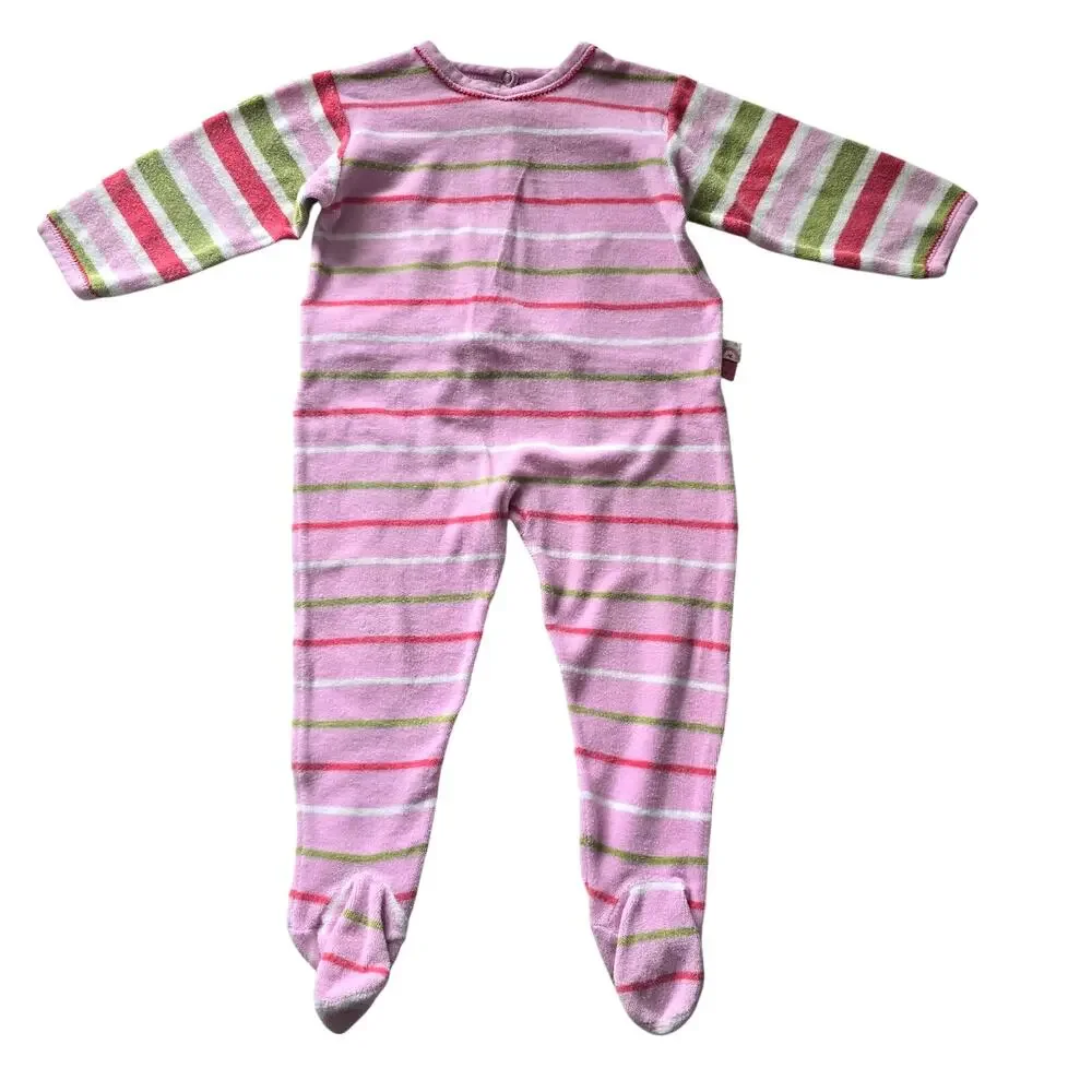 Petit Bateau Baby Girl Back Snap Footie Bodysuit Terry Cloth Pink Striped 12M